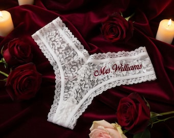 Tanga de encaje nupcial personalizada, lencería bordada para señora, regalo de boda