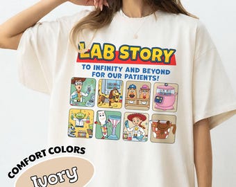 Camiseta de flebotomista, camiseta del equipo de laboratorio de Lab Story Med, camiseta retro de la Semana del Laboratorio 2026, camiseta de tecnología de laboratorio "To Infinity and Beyond"
