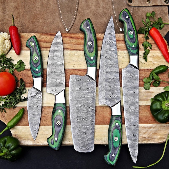 Personalized Damascus Steel Chef Set, Damascus Steel Chef Knifw Set For Christmas Gift, Damascus Handmade Kitchen Set For Halloween Gift.