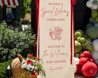 Personalized Pizza Baby Shower Banner, Special Delivery Welcome Sign, Custom Backdrop