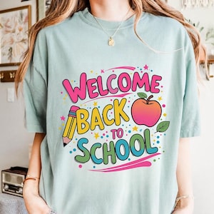 Camiseta de bienvenida a la escuela, divertida camiseta de profesor, amor, PNG, retro, bienvenida a la escuela, garabato brillante, retro, cita divertida de profesor, PNG