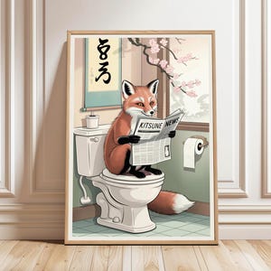Japanese Fox on Toilet Poster, Fox Art, Funny Bathroom Poster, Animal Poster, Fox Art Print, Animal Wall Art, Japanese Digital Download