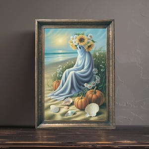Ghost with The Beach Poster, Summerween Wall Art, Whimsigoth Print, Spooky Cute Decor, Tropical Spooky Art, Digital Download