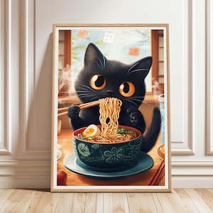 Noodle Black Cat Poster Tokyo Art, Edo Period Ramen Noodles Art Japan Black Cat Poster, Hungry Cat For Kitchen Wall Art, Digital Download