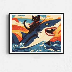 Schwarze Katze reitet einen Hai Poster, Henri Matisse Poster, Lustige Poster, Lustiges Katzen Poster, Katzenbesitzer Geschenk, Matisse Poster, Geschenk für Katzenliebhaber