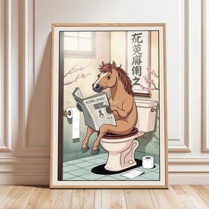 Impresión de caballo, póster de caballo leyendo el periódico en el inodoro, arte divertido para la pared del baño, póster para el baño, regalo para amantes de los animales, descarga digital