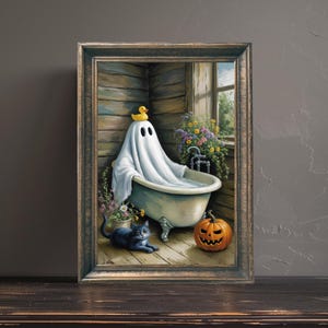 Ghost and Black Cat in Bathtub Print, Funny Bathroom Art, Cute Halloween Bathroom Decor, Halloween Decor, Digital Download