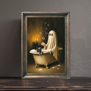 Ghost and Black Cat in Bathtub Print, Funny Bathroom Art, Cute Halloween Bathroom Decor, Halloween Decor, Digital Download