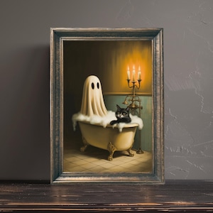 Ghost and Black Cat in Bathtub Print, Funny Bathroom Art, Cute Halloween Bathroom Decor, Halloween Decor, Digital Download