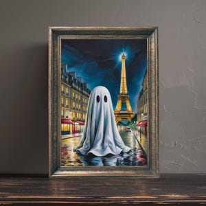 Ghost Standing Alone in Paris Poster, Printable Spooky Art, Funny Halloween Print, Eiffel Tower Halloween Print, Digital Download
