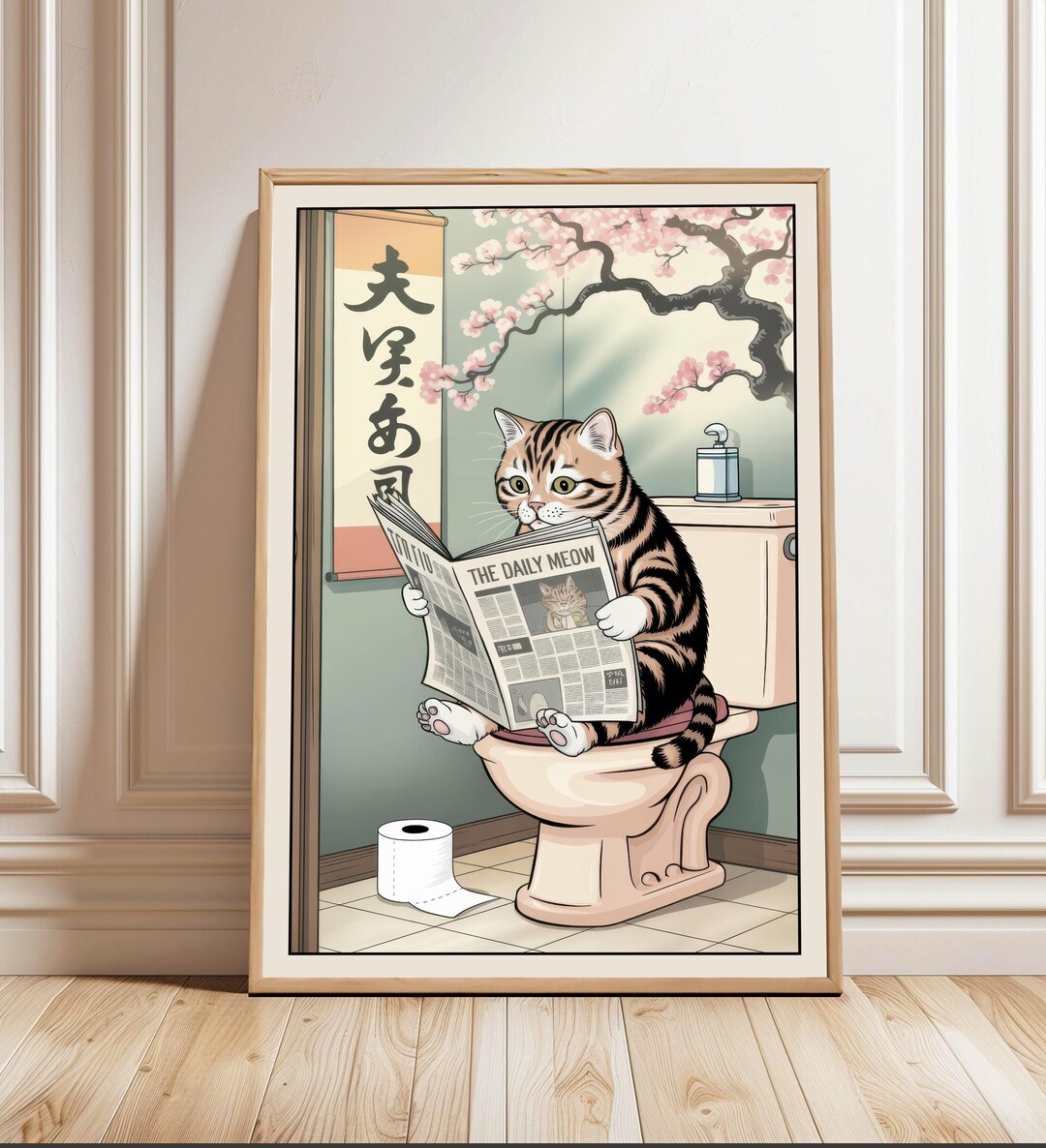Cat Bathroom Poster Tabby Print: Japanese Ukiyo-e Style Funny Toilet ...