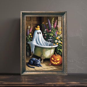 Ghost and Black Cat in Bathtub Print, Funny Bathroom Art, Cute Halloween Bathroom Decor, Halloween Decor, Digital Download