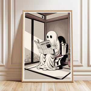 Duch czytający gazetę na toalecie, wydrukowany portret na Halloween, dekoracja ścienna z duchem, plakat z grafiką vintage, dekoracja łazienki na Halloween