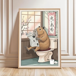 Capybara Poster, Funny Capybara Bathroom Wall Art, Japanese Capybara Bathroom Poster, Neutral print, Capybara Lover Gift, Digital Download