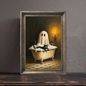 Ghost and Black Cat in Bathtub Print, Funny Bathroom Art, Cute Halloween Bathroom Decor, Halloween Decor, Digital Download