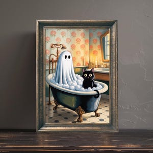 Ghost and Black Cat in Bathtub Print, Funny Bathroom Art, Cute Halloween Bathroom Decor, Halloween Decor, Digital Download