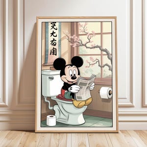 Funny Mickey Mouse reading newspaper on toilet Poster, Funny Bathroom Wall Art, Bathroom Poster, Disney Lover Gift, Digital Download