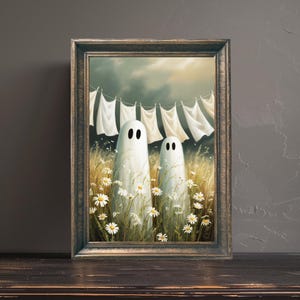 Zwei Geister Kleidung trocknen Poster, zwei Geister Herbst Wäsche Wandkunst, Herbst Dekor, Gruselige Cottage Herbst Malerei, digitaler Download