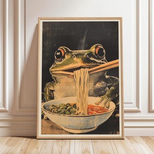 Japanese Frog eating Ramen Woodblock Print, Japanese Kitchen Wall Art, Japandi Art, Japanese Wall Decor, Kitchen Decor, Digital Download