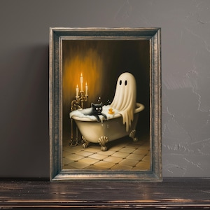 Ghost and Black Cat in Bathtub Print, Funny Bathroom Art, Cute Halloween Bathroom Decor, Halloween Decor, Digital Download