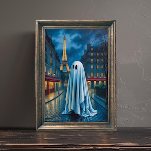 Ghost Standing Alone in Paris Poster, Printable Spooky Art, Funny Halloween Print, Eiffel Tower Halloween Print, Digital Download
