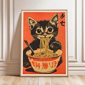 Noodle Black Cat Poster Tokyo Art, Edo Period Ramen Noodles Art Japan Black Cat Poster, Hungry Cat For Kitchen Wall Art, Digital Download