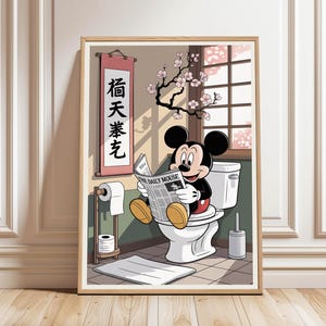 Funny Mickey Mouse reading newspaper on toilet Poster, Funny Bathroom Wall Art, Bathroom Poster, Disney Lover Gift, Digital Download