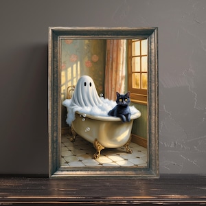 Ghost and Black Cat in Bathtub Print, Funny Bathroom Art, Cute Halloween Bathroom Decor, Halloween Decor, Digital Download
