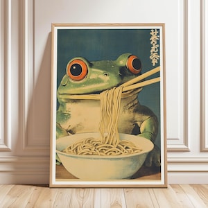 Retro Frog Ramen Poster, Frog Eating Ramen Print, Ramen Noodles Wall Art, Quirky Kitchen Decor, Japanese Inspired Poster, Digital Download