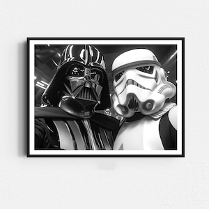 Selfieposter Darth Vader en Stormtrooper, grappige Star Wars-poster, grappige muurkunst, zwart-wit, toiletdecor, digitale download