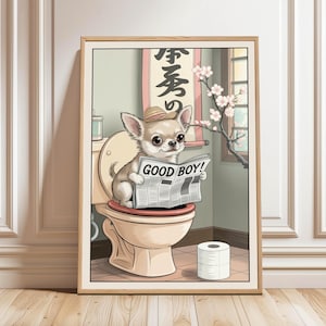 Póster de chihuahua leyendo el periódico en el inodoro, arte divertido para la pared del baño, póster para el baño, regalo para amantes de las mascotas, póster divertido de perro, descarga digital