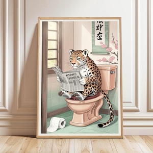 Leopard reading newspaper on toilet Poster, Funny Bathroom Wall Art, Japanese Leopard Bathroom Poster, Leopard Lover Gift, Digital Download
