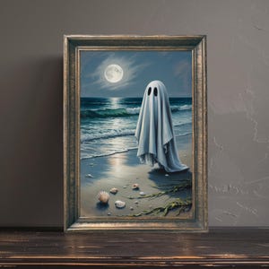 Ghost with The Beach Poster, Summerween Wall Art, Whimsigoth Print, Spooky Cute Decor, Tropical Spooky Art, Digital Download