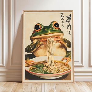 Vintage Japanese Frog Eating Ramen Posters, Funny Animal Art, Japanese Noodles Print, Cute Kitchen Decor, Quirky Wall Art , Digital Download
