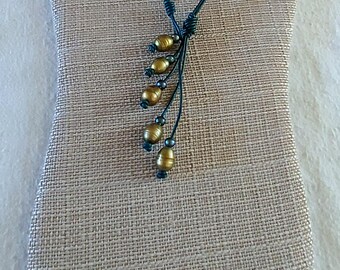 Handmade Gold & Peacock Pearl And Dark Green Leather 2-Way Necklace