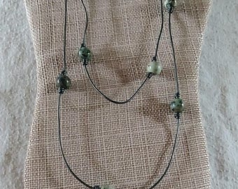 Handmade Green Clay Bead And Metallic Gray Leather Necklace