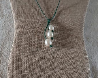 Handmade White Pearl And Green Leather Dangle Necklace
