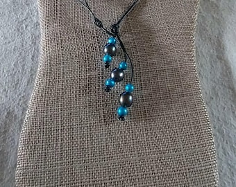 Handmade Peacock & Light Blue Pearl And Dark Gray Leather 3-Way Necklace