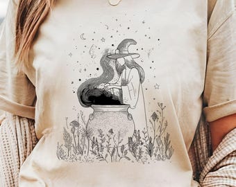 Stylistic Witch and Cauldron Women's T-shirt | Witchy, Whimsigothic, Gothic, Occult Style Apparel | Spiritual Top, Gift for Her