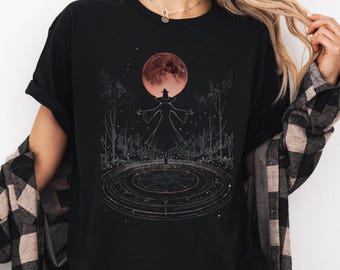 Witch's Blood Moon Women's T-Shirt | Black | Witchy, Whimsigothic, Gothic, Occult Style Apparel | Spiritual Full Moon Emo Top, Gift for Her