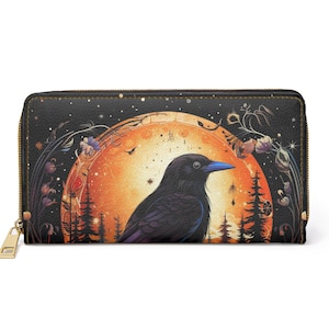 Sunset Crow Vegan Leather Wallet: Whimsigothic Zipper Pouch
