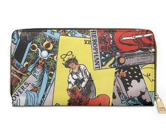 Tarot Card Major Arcana Wallet | Aesthetic, Original Rider-Waite-Smith Tarot Design | Faux-Leather | Wheel of Fortune, High Priestess