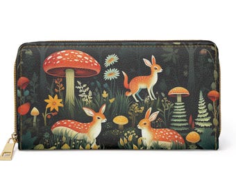 Cute Fawn and Bunny Zipper Wallet | Bunnies in the Dark Forest, Fungi, Accessories | Black, Money & ID Storage Original Design
