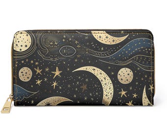 Starry Moon Zipper Wallet: Witchy Celestial Vegan Leather Clutch
