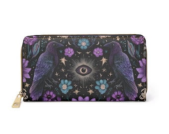 Whimsigothic Bird Zipper Wallet, Celestial All-Seeing Eye, Vegan Leather