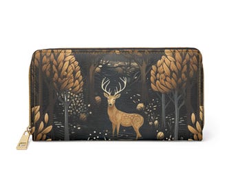 Deer in the Dark Forest Zipper Wallet | Witch, Witchy Aesthetic Design | Witchcraft Theme Practical Money and ID Storage | Animals | Black
