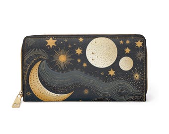 Celestial Moon Zipper Wallet | Witchy, Whimsigothic Aesthetic | Enchanting Starry Night, Mystical Original Design | Secure Cards and Money