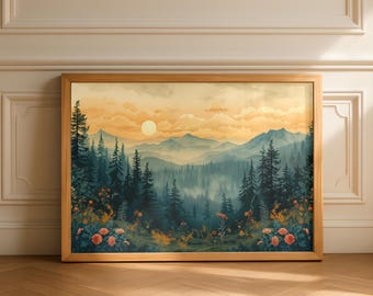 Pacific Northwest coastal sunset - Art Nouveau style with douglas fir, cedar trees & flowers - oregon, washington state - Digital Download