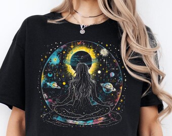 Cosmic Meditation Girl Women's T-Shirt | Planets, Galaxies Design | Whimsigoth and Astrology Style Apparel