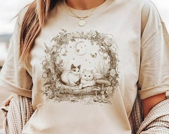 Woodland Cat T-Shirt • Vintage Botanical Engraving Tee • Cottagecore Forest Cats Shirt • Moon & Wildflower Graphic • Mystic Nature Gift
